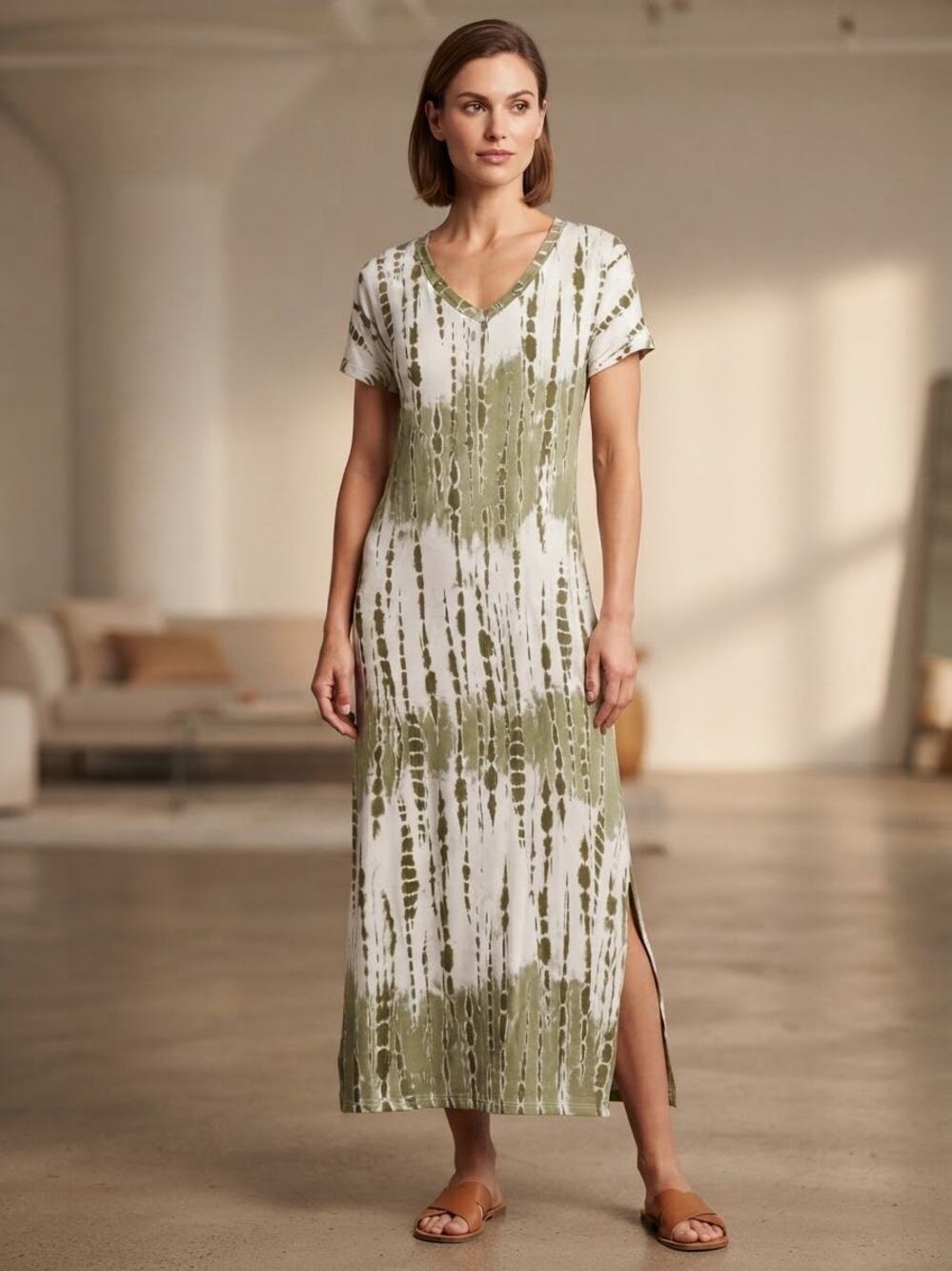 Emery Rose Olive Green White Tie Dye Short Sleeve Maxi Dress Size S